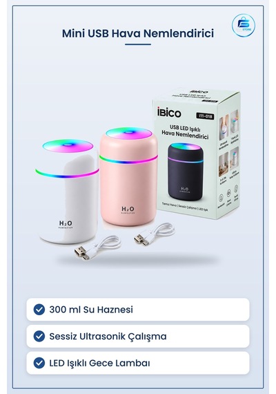 Mini Usb Hava Nemlendirici 300 Ml Işıklı Taşınabilir Aroma Difüzö