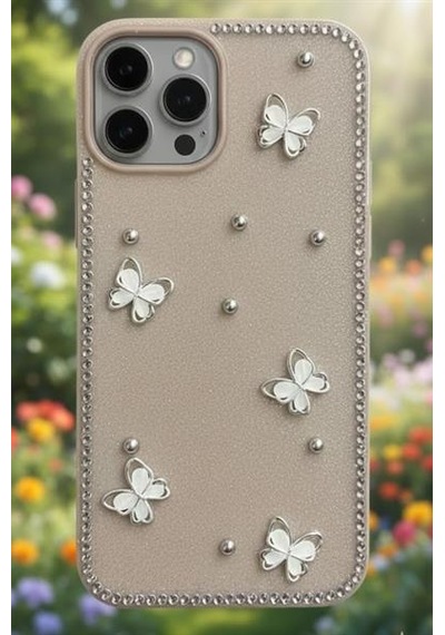 Apple Uyumlu iPhone 15 Pro Max Kelebek Figürlü Simli İnci Taşlı Lüx Silikon Kılıf Açık Kahve