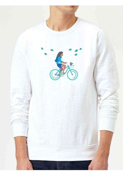 Addict Bisikletli Kız Sulu Boya Baskılı Beyaz Erkek Sweatshirt