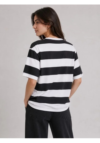 Efnaz Style Çizgili Oversize Tişört Bisiklet Yaka Kısa Kol Yazlık T-shirt - Siyah