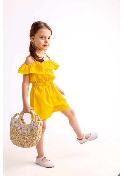 Oliven The Kid Oliventhekid Omuzdan Fırfırlı Poplin Kız Çocuk Tulum Sarı Sarı