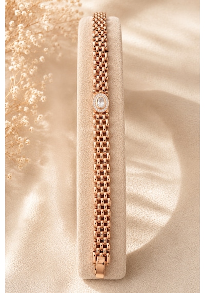 Sertifikalı 316l Çelik Rose Gold Oval Zirkon Taşlı Premium Kadın Bileklik Altın
