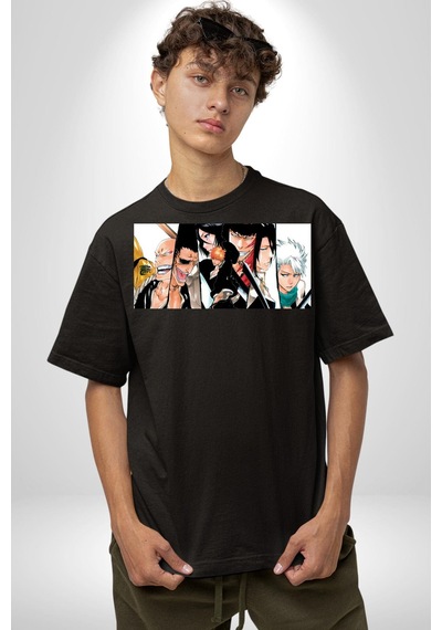 Bleach Anime Pamuklu Bisiklet Yaka Unisex Oversize Boyfriend Dijital Baskılı Siyah T-shirt Siyah