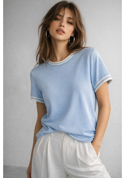 Kadın Mavi Bisiklet Triko Yaka Kısa Kollu Basic T-shirt Mavi