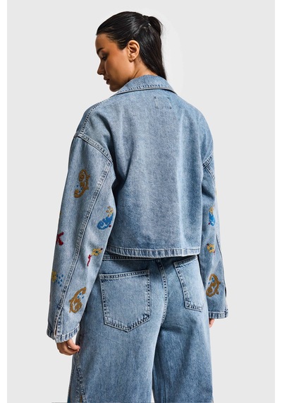 it's basic Kadın Kot Rengi 3s6-32 Bol Kesim Özel Nakış Desenli Tasarım Denim Ceket