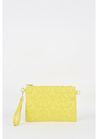 Vivaq Kadın Neon Sarı Yıldız Nakışlı Suni Deri Bilek Ve Zincir Askılı Portföy El Ve Clutch Çanta