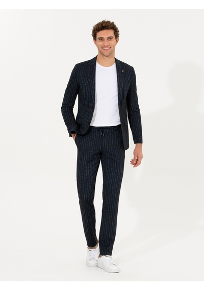 Cacharel Lacivert Ex. Slim Fit Beli Bağcıklı Çizgili Kumaş Pantolon