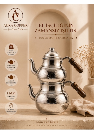 Aura Copper El İşlemeli Bakır Çaydanlık Seti 1 Mm Üst 850-950 Ml Alt 1850-1950 Ml 27 Cm Bakır - Porselen
