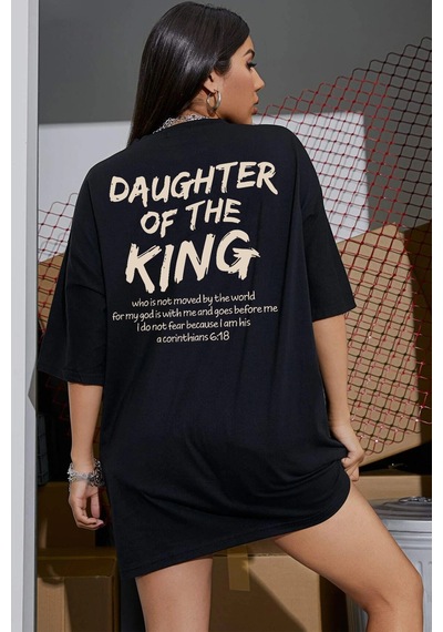 Pamuklu Daughter Of The King Baskılı Oversize T-shirt Siyah