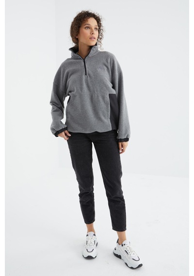 Tommy Life Gri Melanj Yarım Fermuar Etek Ucu Büzgülü Dik Yaka Oversize Kadın Polar Sweatshirt - 97236 Gri Melanj
