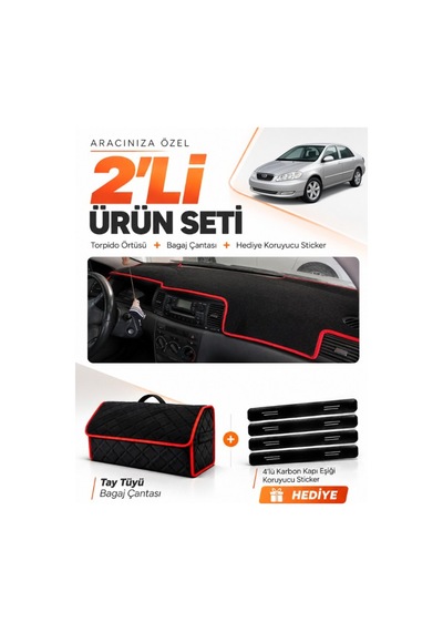 E-biz Toyota Corolla E130 2000-2006 Uyumlu Torpido Örtüsü + Tay Tüyü Çanta - Siyah-kırmızı - To014