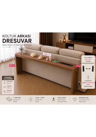 Koltuk Arkası Konsol Raf - 3 Usb + 4 Priz Girişli 1.sınıf Mdf Koltuk Arkası Raf Cevizrengi 180x85x12 Ceviz