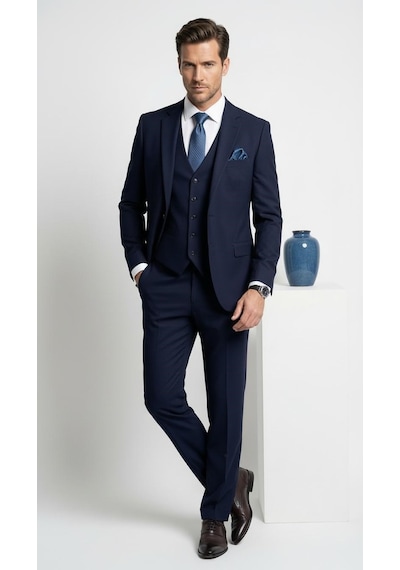 Erkek 3 Parça Slim Fit Takım Elbise Klasik Likralı Kumaş, Tek Düğme, Çift Yırtmaçlı Modern Kesim Ceket Yelek Pantolon Lacivert