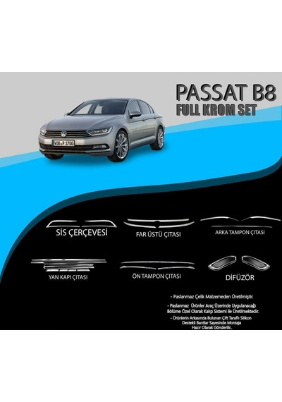 Vw Passat B8 Krom Set Yan Kapı Çıt.-ön Tampon Çıt.-dfiüzör-sis Çer.-far Üst Çıt.-arka Tampon Çıta.