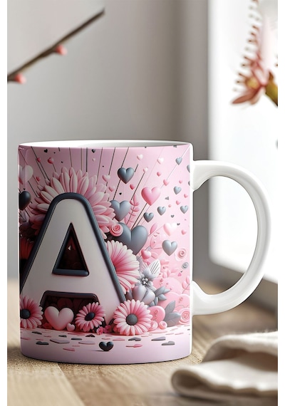 Renkli Çiçekli A Harfi Baskılı 3d Görünümlü Tasarım Mug Kupa Bardak A