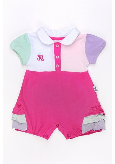 Chicsy Baby Kız Bebek Renkli Polo Yaka Tulum Yazlık Pamuk Bebek Tulum Şort Tulum Pembe