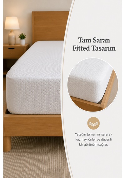 Fitted Bazalı Sıvı Geçirmez Yatak Alez Koruyucusu Beyaz Beyaz