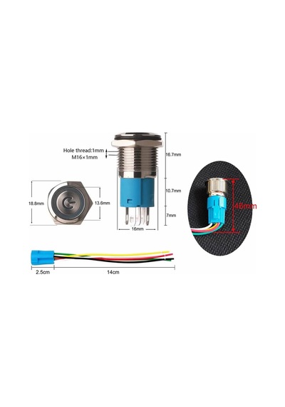 16mm Ledli Kablolu Latch Tip Metal Button 12V 16mm 1NO 1NC SPDT On Off Su Geçirmez Paslanmaz Çelik