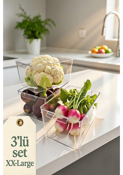 3' Set Xx-large Şeffaf Buzdolabı Düzenleyici Saklama Kutusu Sebze Meyve Organizer