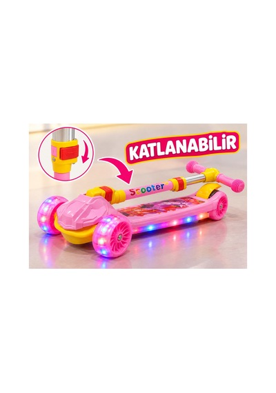 Scooter Led Işıklı 3tekerli Müzikli Katlanabilir Dayanıklı Gövde 3+yaş Pembe