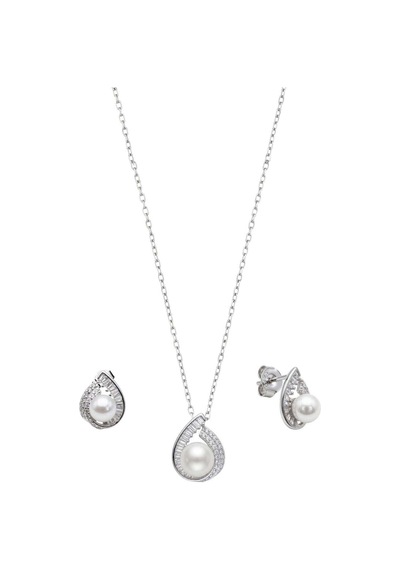 Oya Silver Baget Taşlı İnci Detaylı Gümüş Kolye Küpe Seti Oysy268