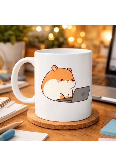Laptoplu Hamster Desenli Porselen Kupa Model 112 Sevimli Çalışkan Hamster Tasarımlı Kahve Kupası , Ofis & Ev İçin Tatlı Hediye Diğer