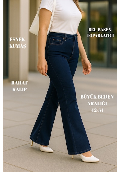 Cedy Denim Cedy Denım - Kadın Büyük Beden İspanyol Paça Yüksek Bel Skinny Fit Likralı Pantolon C628 Lacivert