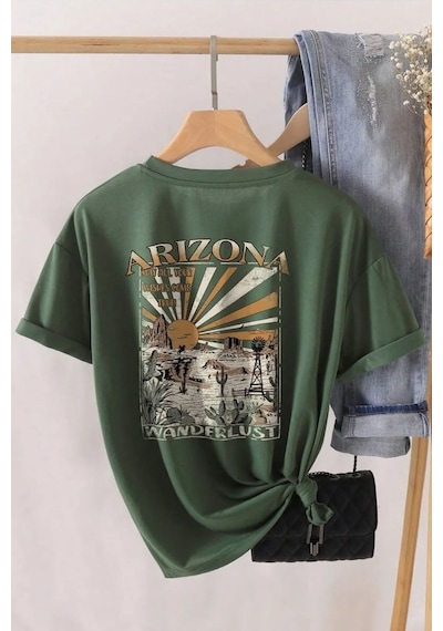 Unisex Sırt Baskılı Arizona Oversize Tshirt Yeşil Siyah