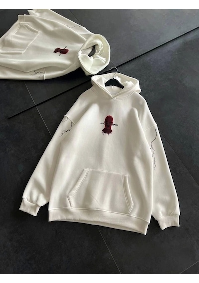 Üç İplik Kapşonlu Baskılı Oversize Sweatshirt- Beyaz Beyaz