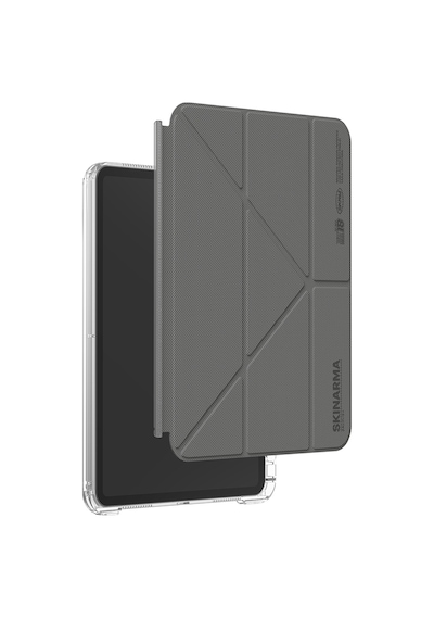 Apple Uyumlu iPad 11.nesil 2025 Kılıf Skinarma Kalemlikli Arkası Şeffaf Standlı Magnetik Zeta Kılıf Gri Kapaklı Kılıf