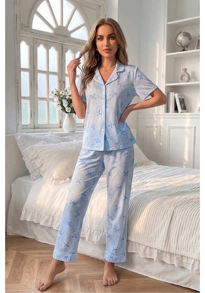 Bella Notte Mavi Soft Fiyonk Desenli Yazlık Pijama Takımı