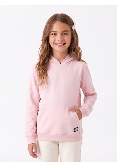 Onloox Kız Çocuk Pembe Kız Pembe Pamuklu İçi Şardonlu Kapüşonlu Regular Fit Kanguru Cepli Armalı Sweatshirt 4-7 Yaş