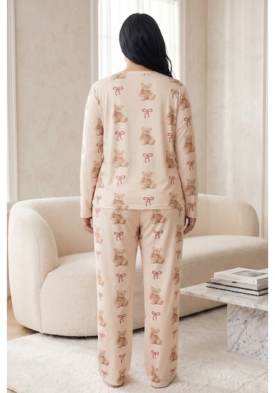 Siyah İnci Pamuklu Likralı Büyük Beden Battal Boy Örme Pijama Takım26240903 Ekru
