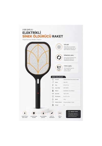 Glr Usb-219d Siyah Şarjlı Elektrikli Sinek Öldürücü Raket Type-c Girişli, Led Işıklı Sinek Savar