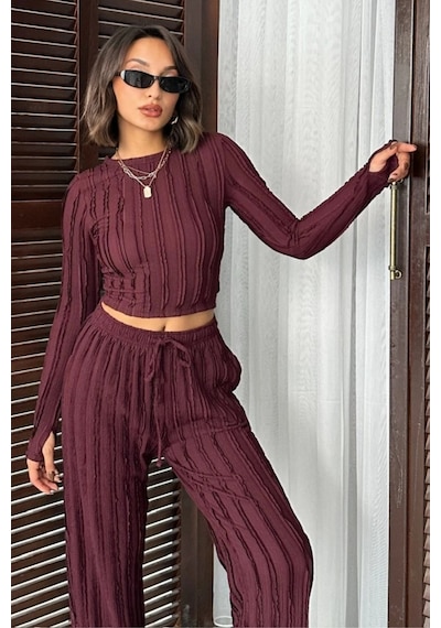 Trend Alisse Bordo Kışlık Premium Fitilli Parmak Geçmeli Crop Bluz Bol Paça Pantolon Takımı