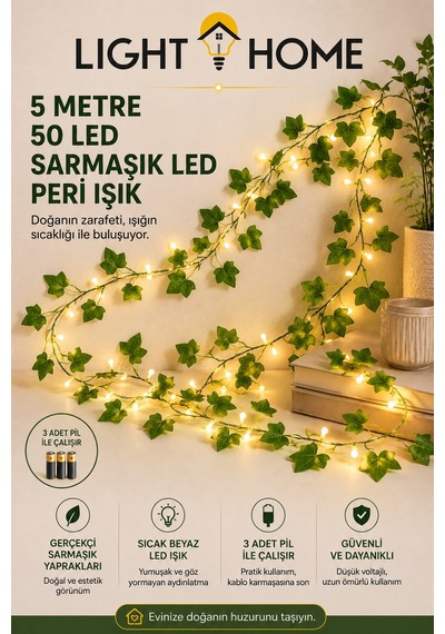 5 Metre 50 Led Li Yapay Sarmaşık Peri Işık Balkon, Bahçe, Oda Ve Duvar Dekoru Sarı
