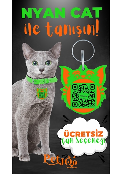 Petjoo 2.Nyan Cat Turuncu-Yeşil Qr'lı Kedi Künyesi