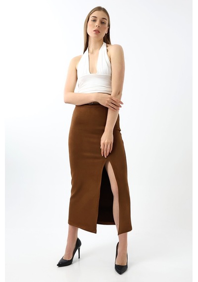 Winmoda34 Kadın Uzun Kemerli 92cm Maxi Boy Yırtmaçlı Süet Etek Kahverengi