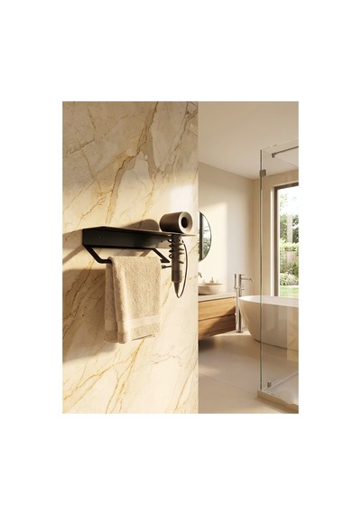 Premium Seri , Modern Paslanmaz Metal Banyo Havluluğu Ve Saç Kurutma Makine Askısı Banyo Organizeri Siyah