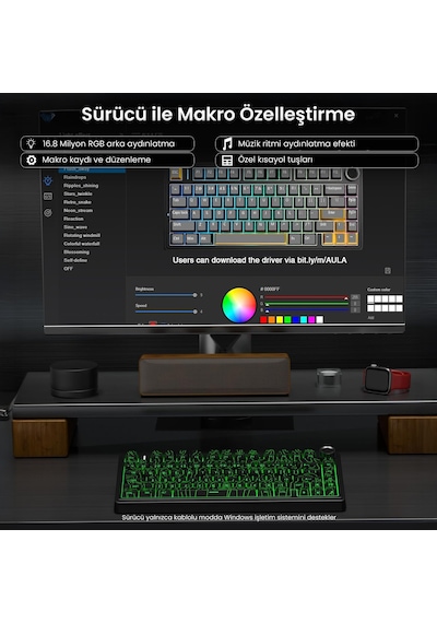 Aula F75 Mekanik Rgb Tkl Seiya Switch Kablosuz Makrolu Hot Swap Klavye Desenli Siyah
