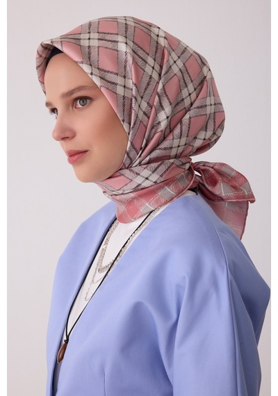 Belli Geometrik Desen %100 Twill İpek Eşarp Be21 Pembe