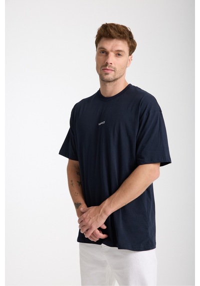 Erkek Milano Nakış Yazılı Oversize Bisiklet Yaka T-shirt Lacivert