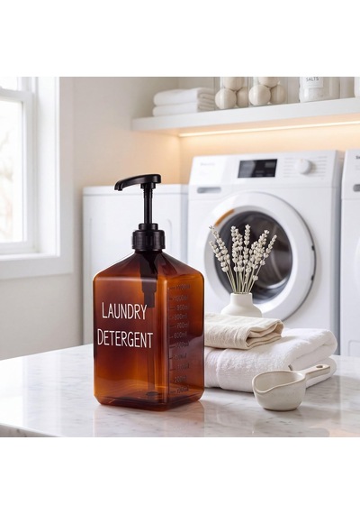 Lexroo Laundry Detergent Yazılı Cam 1200 Ml Pompalı Deterjan Kutusu Çok Renkli