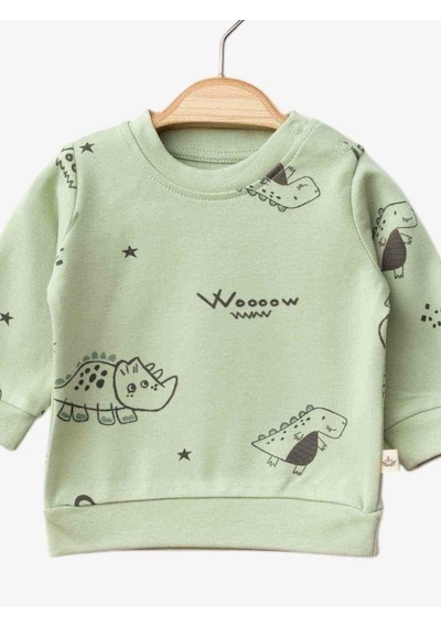 Zekids Erkek Bebek Dinazor Baskılı Organik Eşofman Takım-15481 Yesil