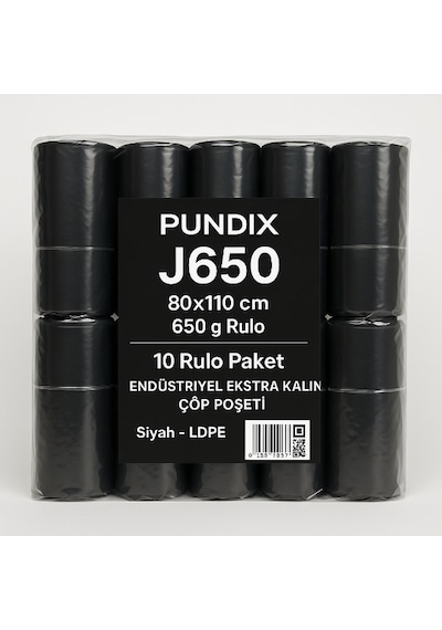 Pundix Pundıx J650 Endüstriyel Jumbo Boy Çöp Poşeti 80x110 Cm 1 Koli 10 Rulo / 100 Adet Dayanıklı, Sızdırmaz Ve Geniş Hacimli Çöp Torbası