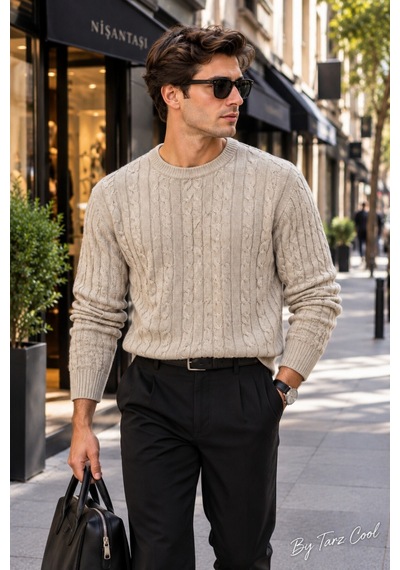 Cool Tarz Erkek Saç Örgü Desenli Bisiklet Yaka Triko Kazak Regular Fit Akrilik Pamuk Karışımlı Bej Bej Cool Tarz Erkek Saç Örgü Desenli Bisiklet Yaka Triko Kazak Regular Fit Akrilik Pamuk Karışımlı Bej Bej