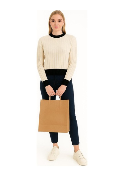 Hira Life Fashion Kadın Bisiklet Yaka Fitili Ve Şerit Detaylı Crop Triko Kısa Kazak Bej Bej