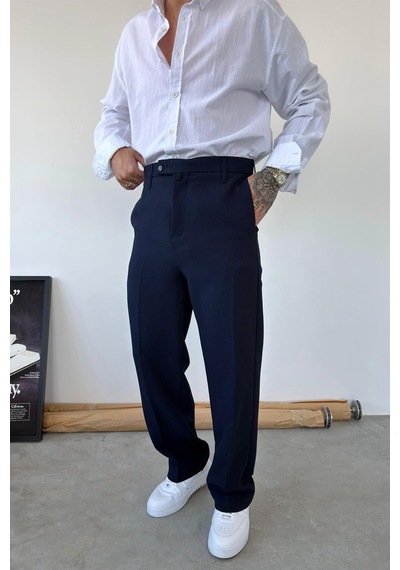 Lacivert Dokulu Basic Kumaş Pantolon Lacivert