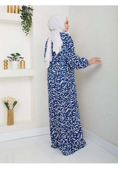 Nevayla Moda Desenli Önü Büzgülü Viskon Elbise - Mavi / E0131 Mavi