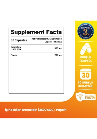 Kiperin Bromelain 2500 Gdu & Papain - Doğal Proteolitik Enzim 30 Kapsül & 700mg Akıllı Gıda Takviyesi